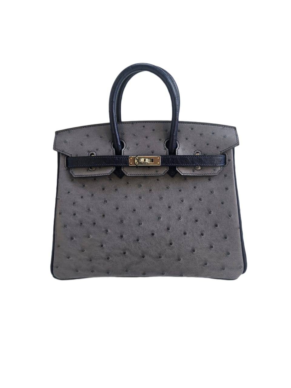 Hermes Birkin 25 Gris Agate/Blue Iris Ostrich Leather Palladium Hardware Bag